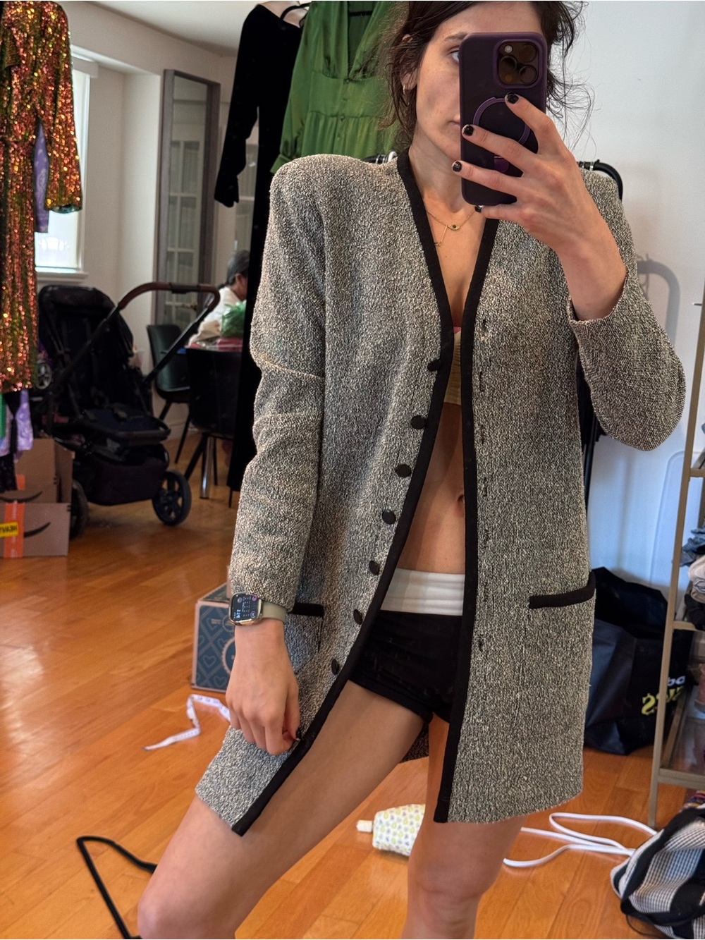 Vintage CHIAB Holt Renfrew Longline Knit Blazer Cardigan 80s Bouclé - Picture 2 of 11